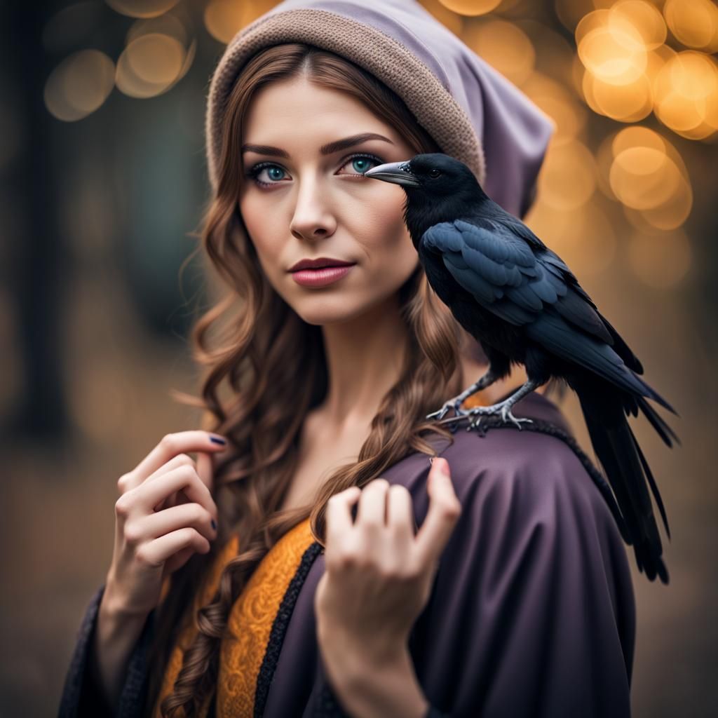Wizard Woman and Crow in Natural Lighting