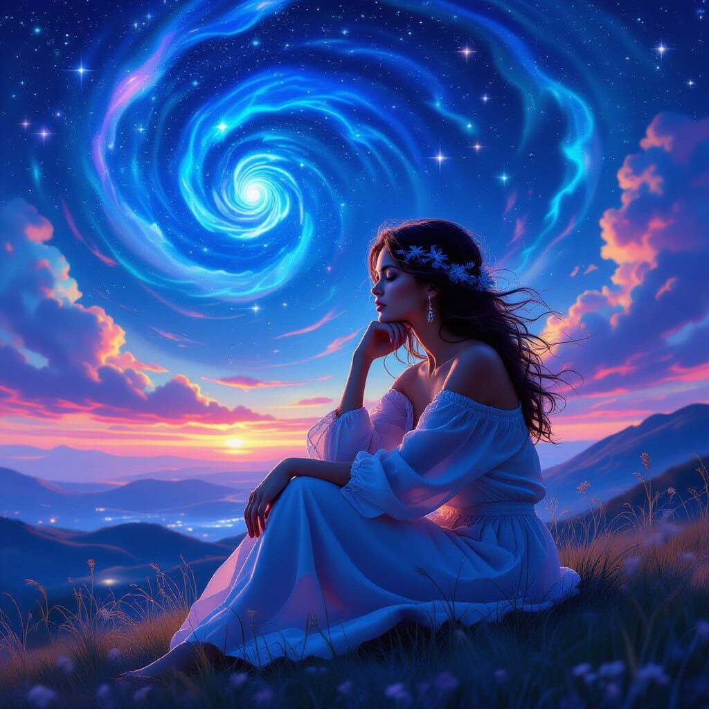 Ethereal Woman in Dreamy Night Sky, Digital Art