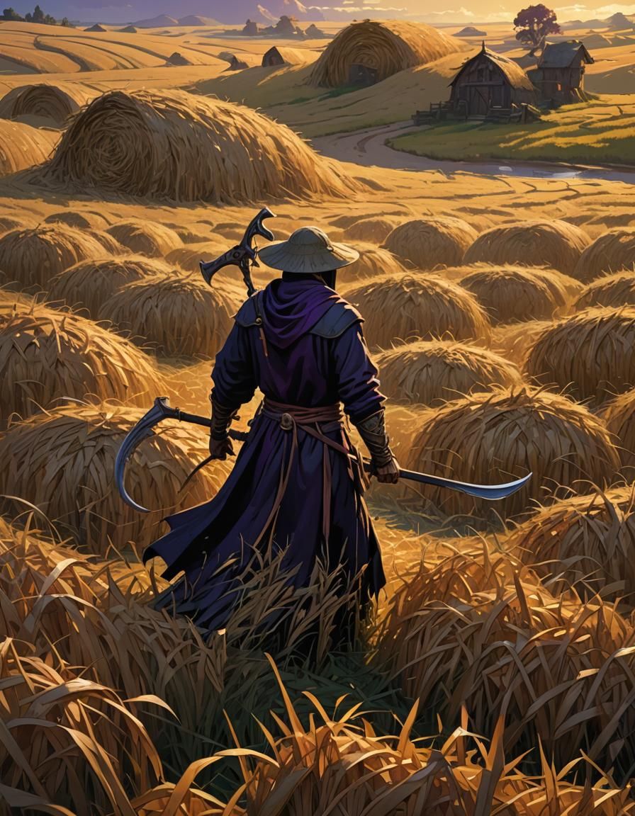 Ethereal Warrior in Golden Hour Landscape