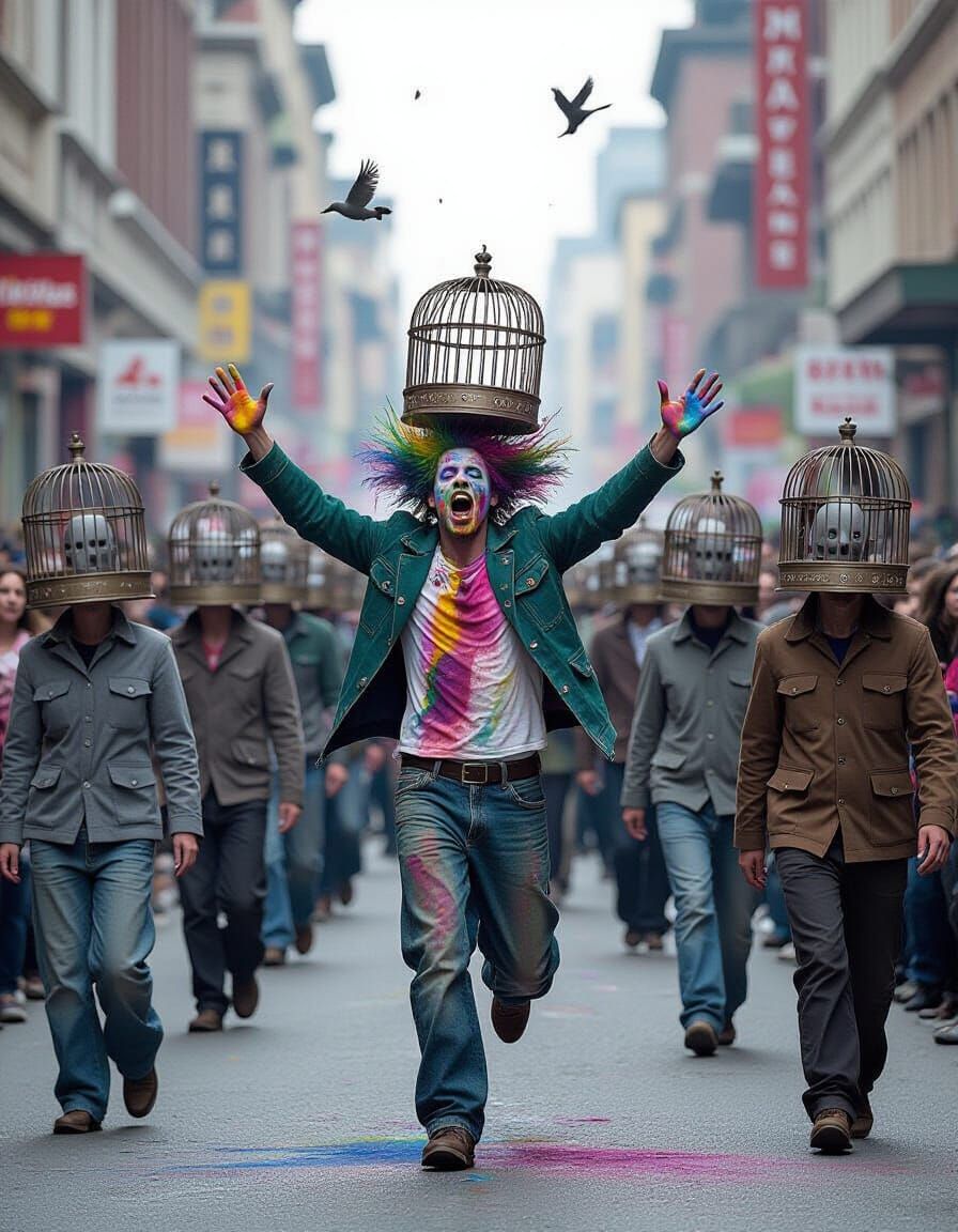 Mad Artist Escapes Conformity in Surreal City