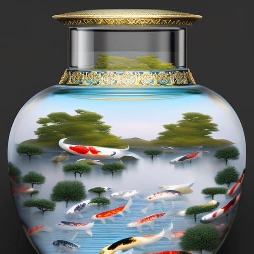Koi Fish Rivers in Glass Jar: 3D Render