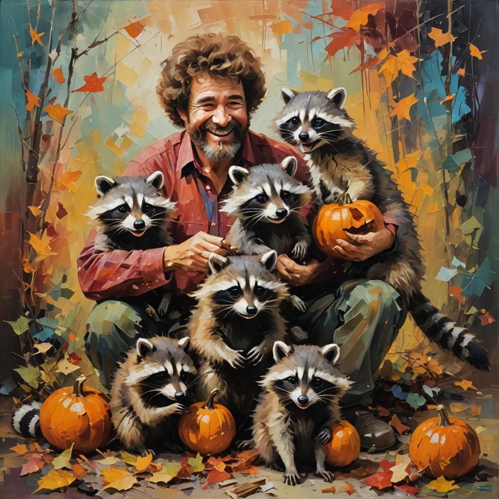 Bob Ross Paints Raccoons in Expressionist Oil Painting