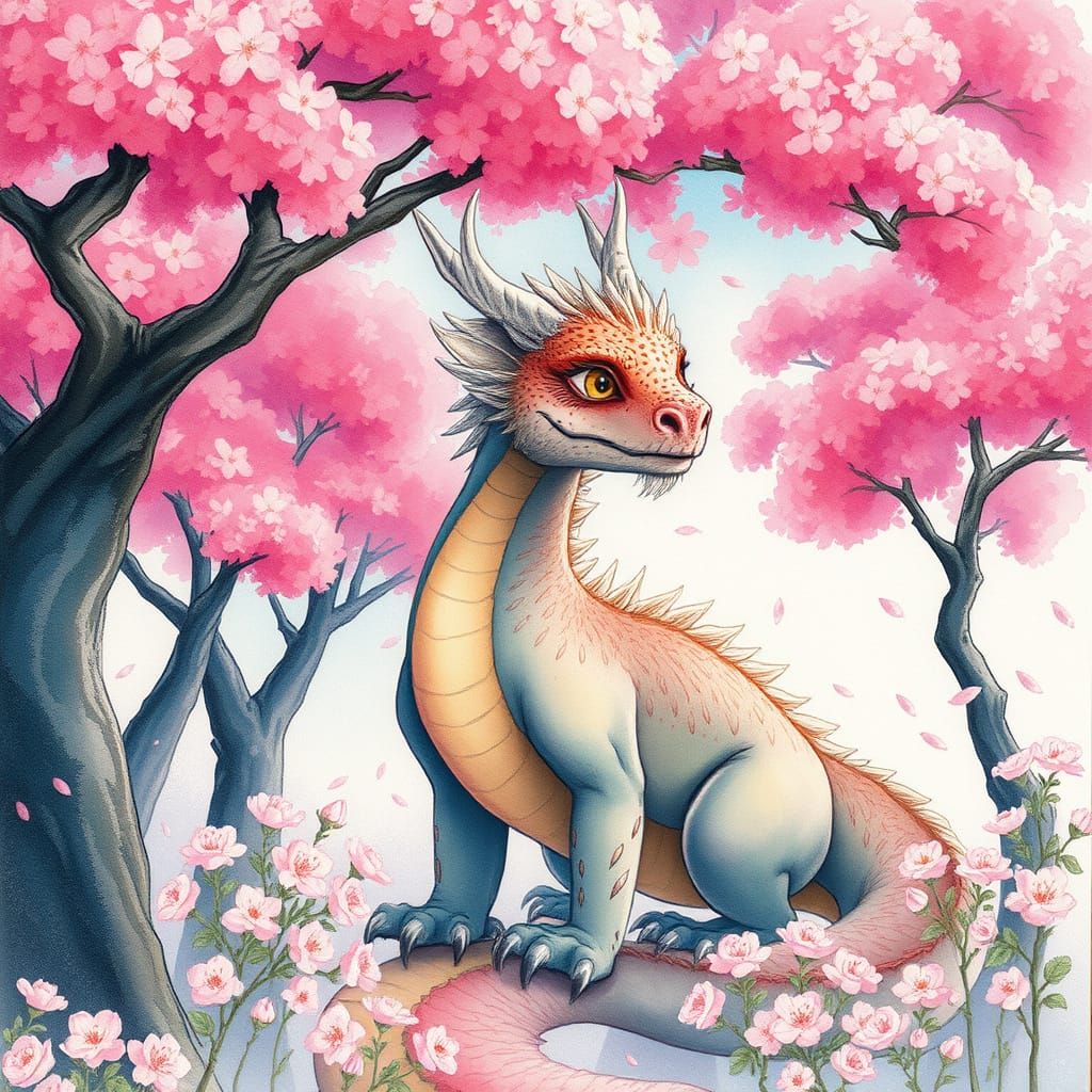 Whimsical Dragon Among Pink Blossoms in Watercolor Style