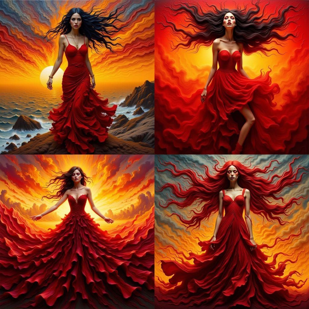 Woman in Textured Red Dress at Sunset