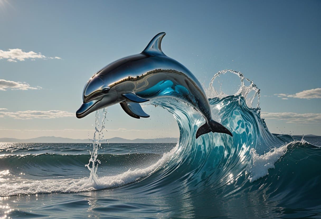 Surreal Dolphin Made of Water Leaps in Mid-Air