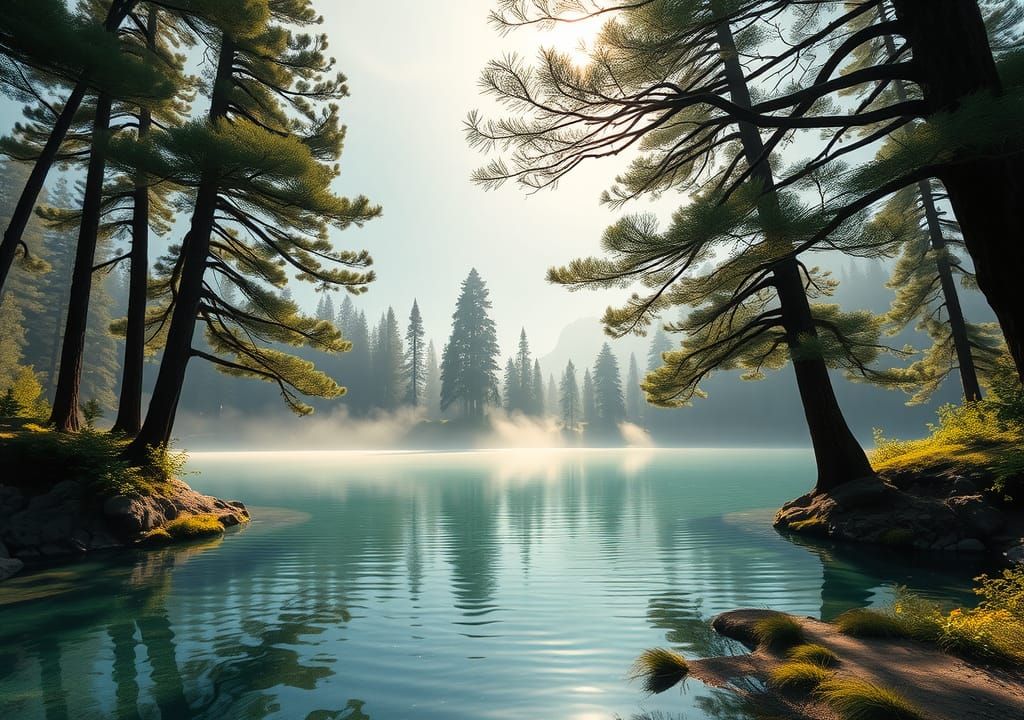 Crystal Lake among Pine Trees: Naive Art Style