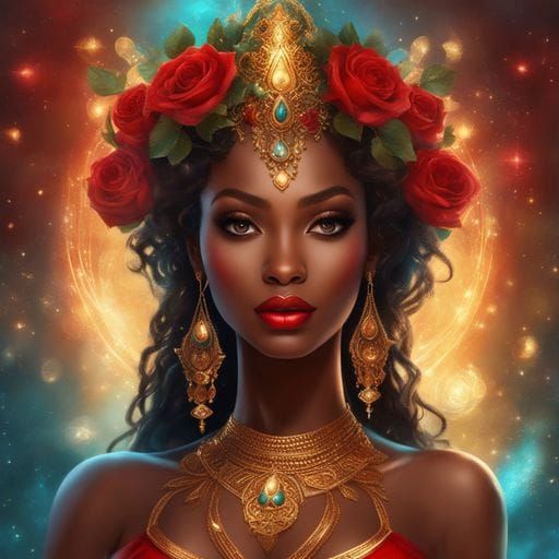 Beautiful African Woman in Red Lingerie with Roses