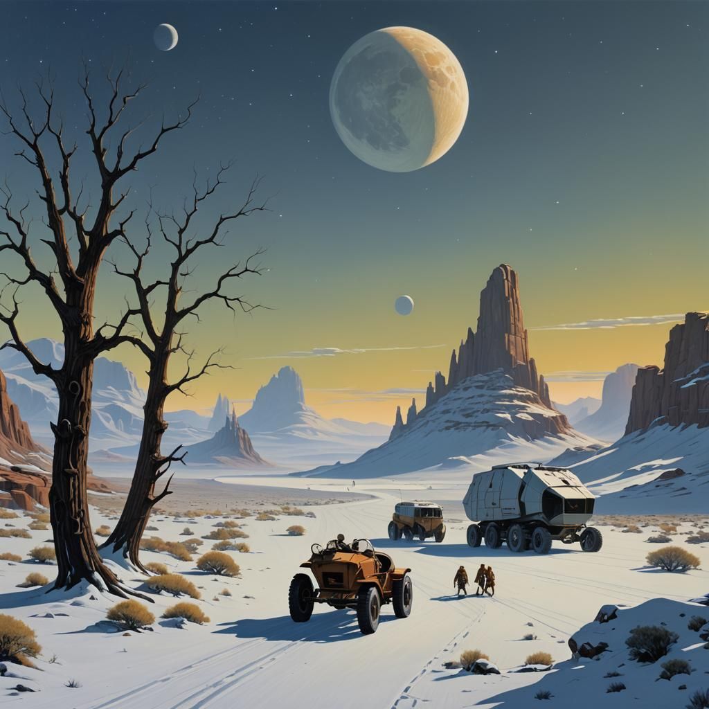 Moonlit Surrealist Landscape with Clear Wheels