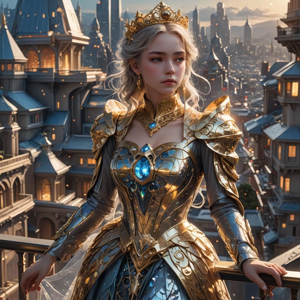 Anime Queen Overlooks Neon Cityscape in 3D Render