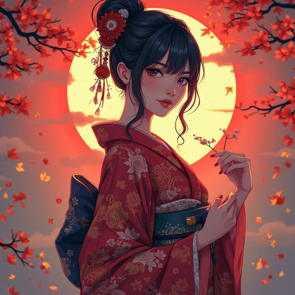Elegant Woman in Kimono: Anime Cel-Shaded Style