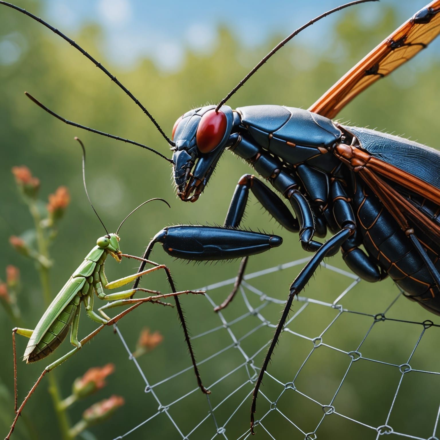 Wheel Bug Fencing Match with Praying Mantis