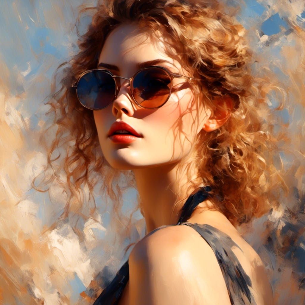 Impressionist Woman in Sunny Landscape, Digital Painting