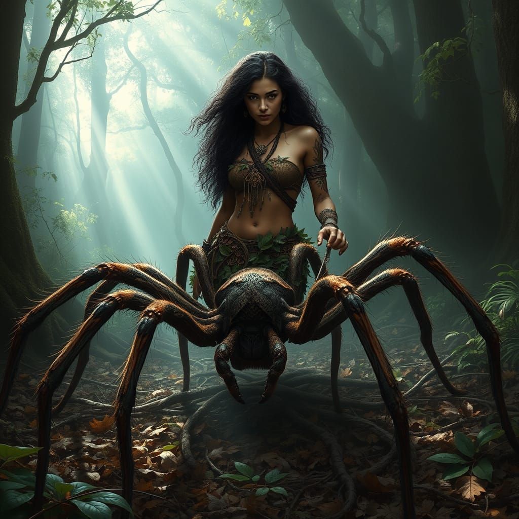 Spider-Woman in Overgrown Forest, Dark Fantasy Art