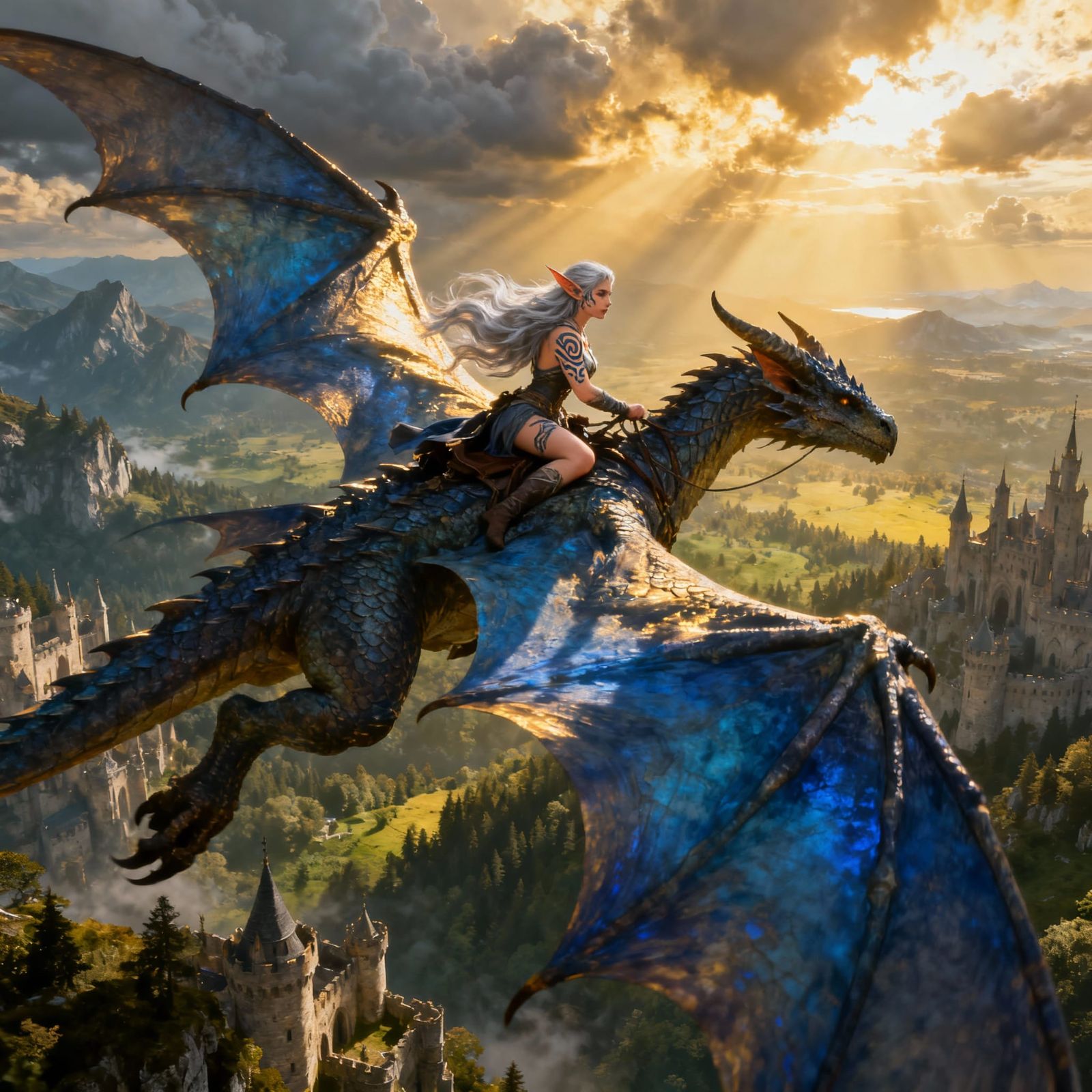 Elf Sorceress Riding Majestic Dragon in Medieval Landscape