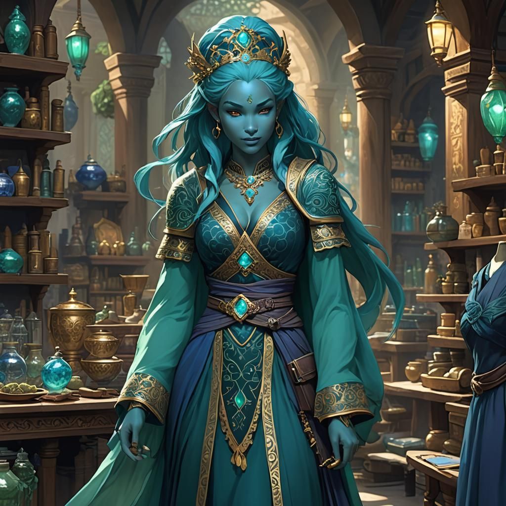 Blue Genasi Merchant in a Magic Shop