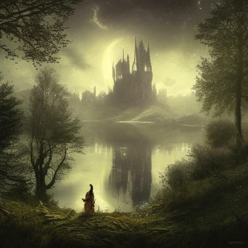 Gothic Castle Ruin and Enchanted Lake at Night