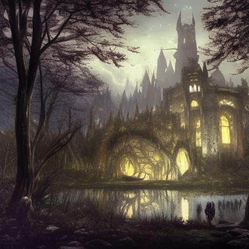 Gothic Castle Ruins in Enchanted Woodland