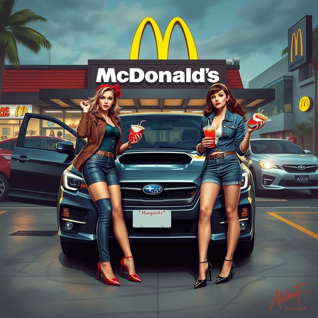 Vintage Pin-Up Girls Pose with Subaru WRX at McDonald's