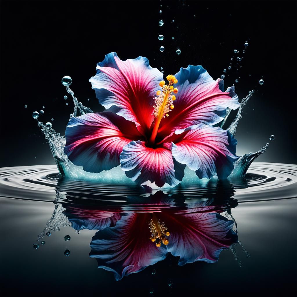 Hibiscus Flower Floating on Water in Aurora Landscape