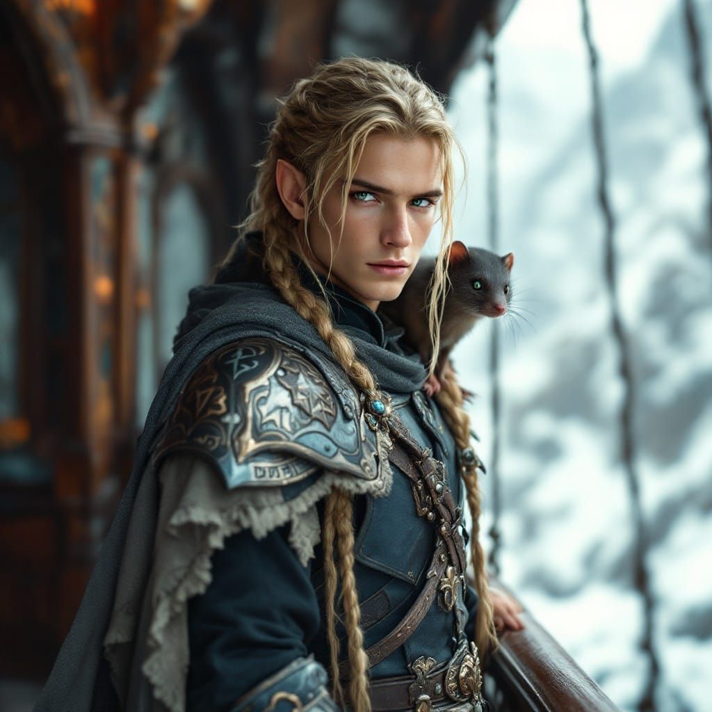 Blond Elf on Airship With Weasel Companion