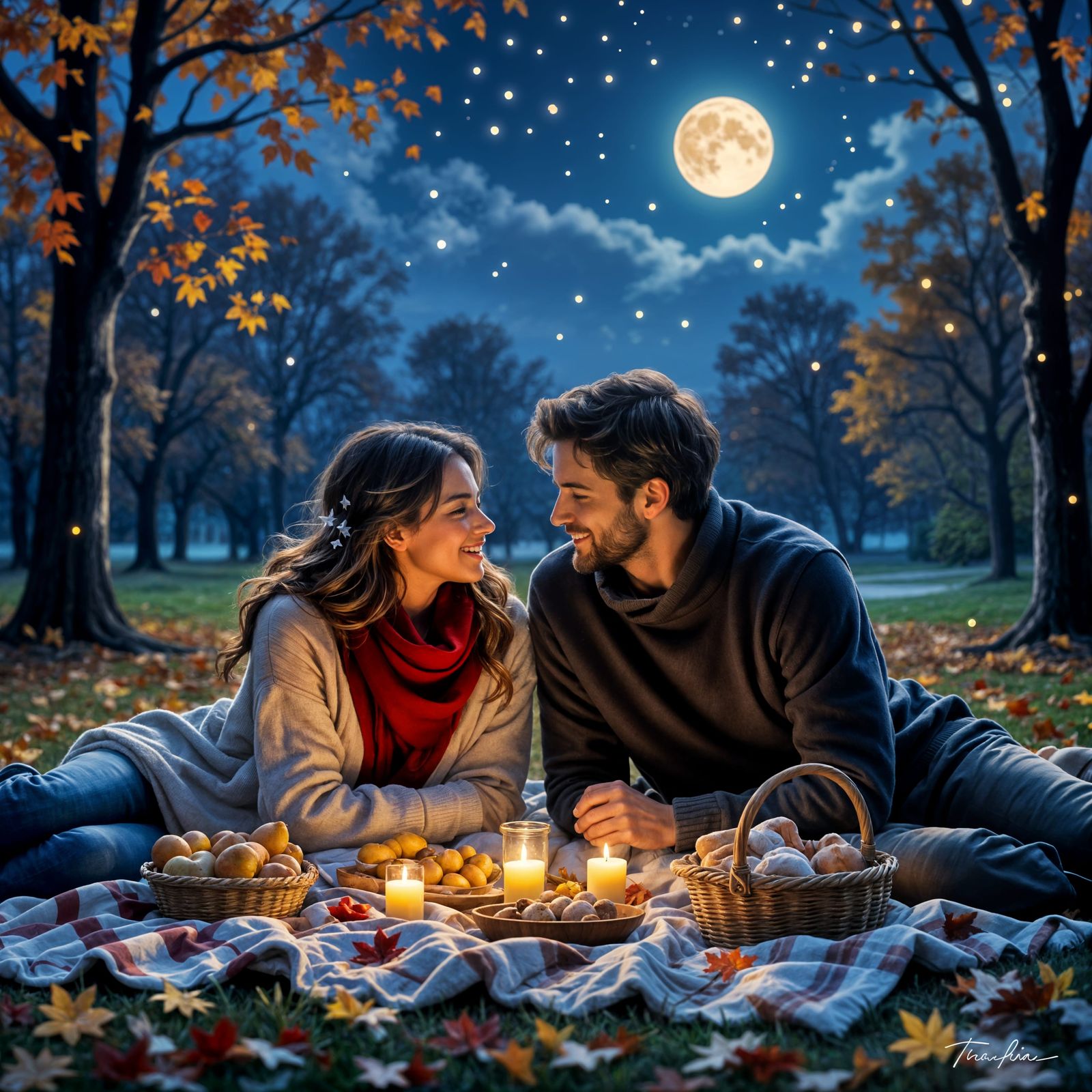 Romantic Autumn Picnic in Park, Kinkade Style Oil Painting
