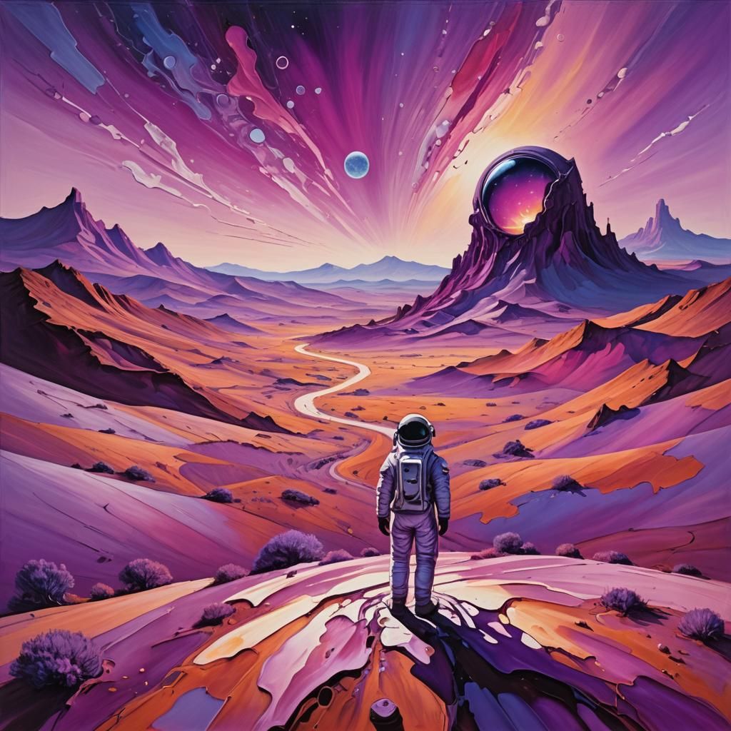 Surrealist Masterpiece: Astronaut Amidst Twisted Purple Hues