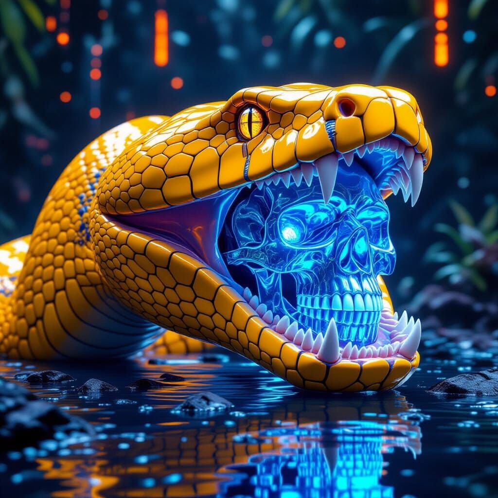 Anaconda Engulfs Crystal Skull in Cyberpunk Style