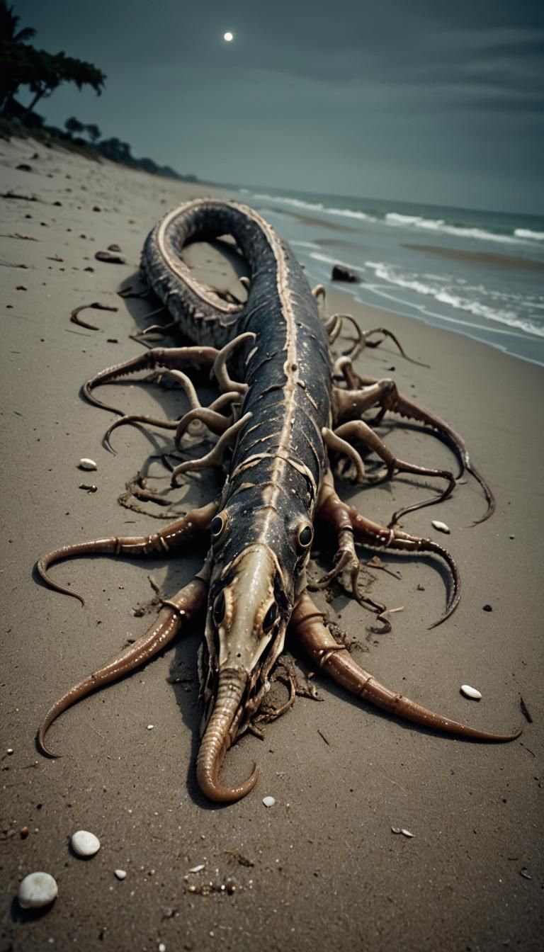 Hyperrealistic Insectoid Carcass Washed Ashore at Night