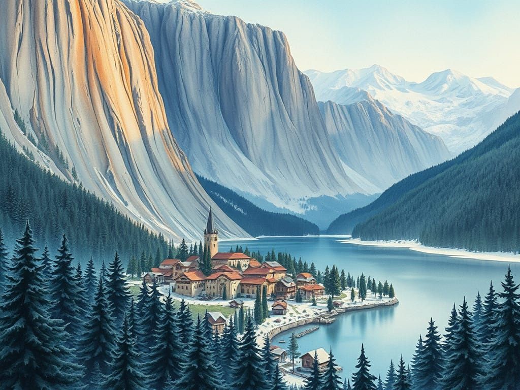 Winter Village at Cliff's Foot: A Watercolor Masterpiece