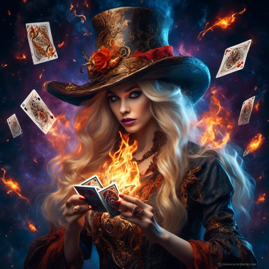 Blonde Wizard Conjures Fire Card in Galaxy
