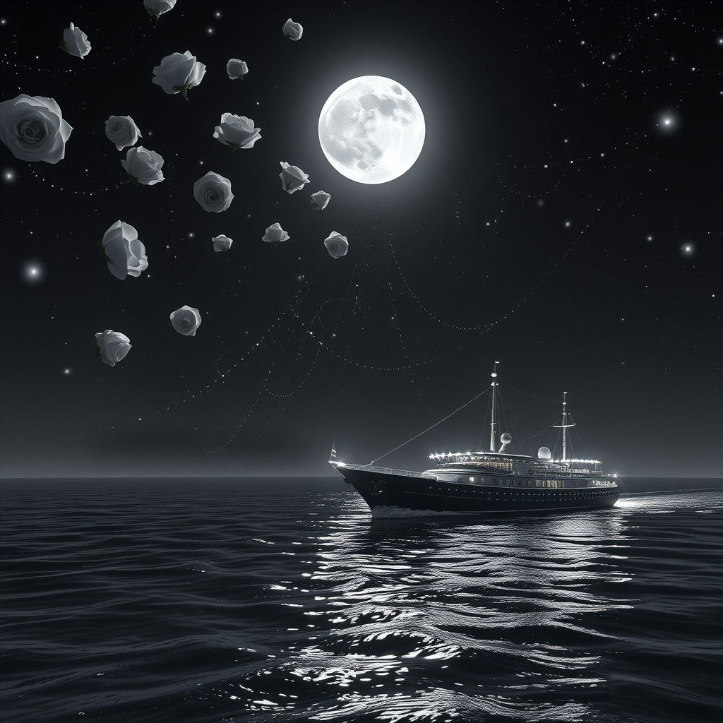 Ethereal Roses and Crystalline Ship in Moonlit Scene