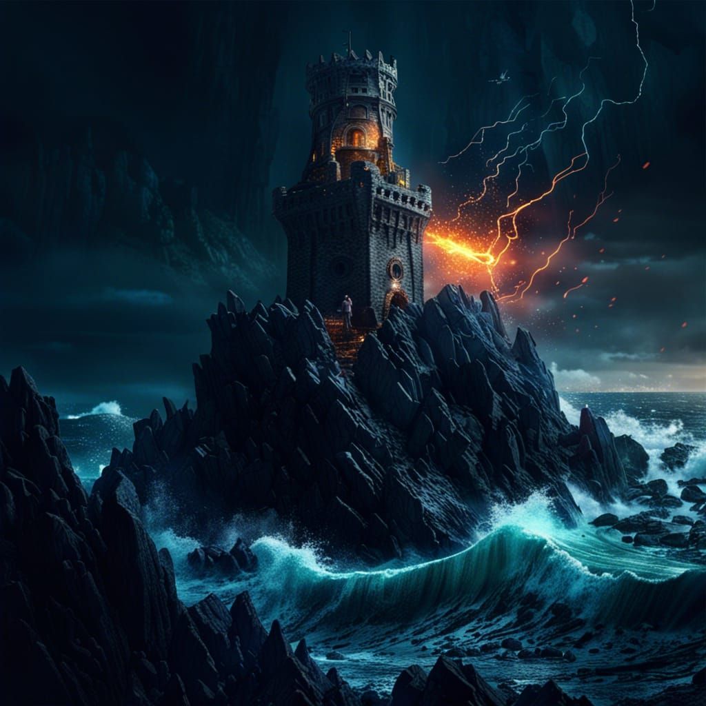 wizard's tower on the rocky shore