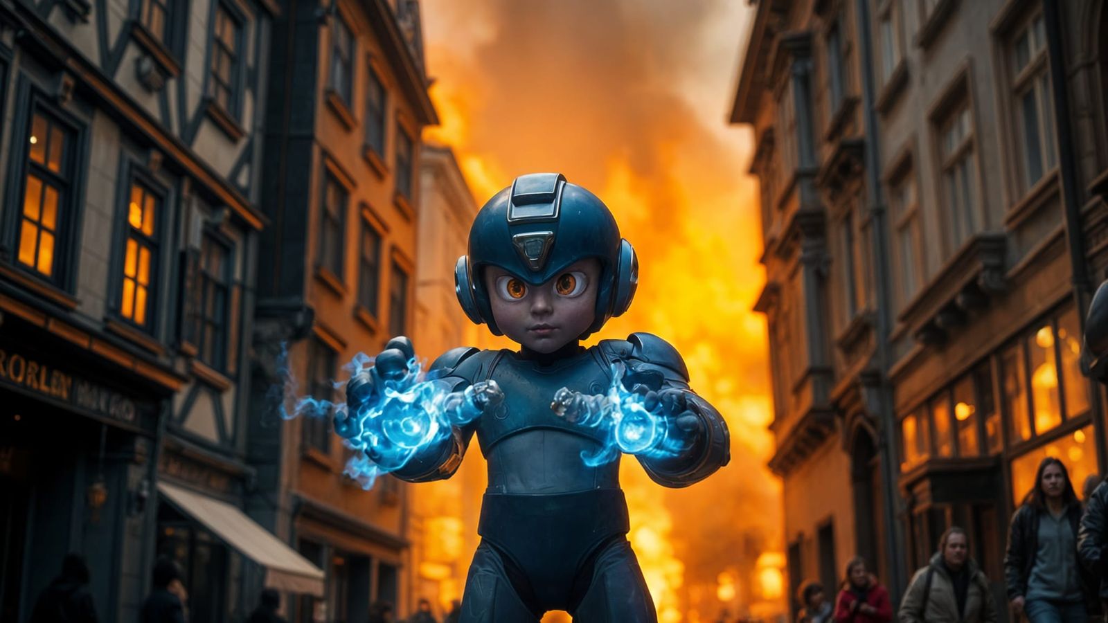Mega Man Stands Tall Amidst Burning Stockholm Streets