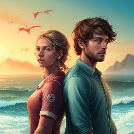 Surfer Couple Portrait in Hyperdetailed Style