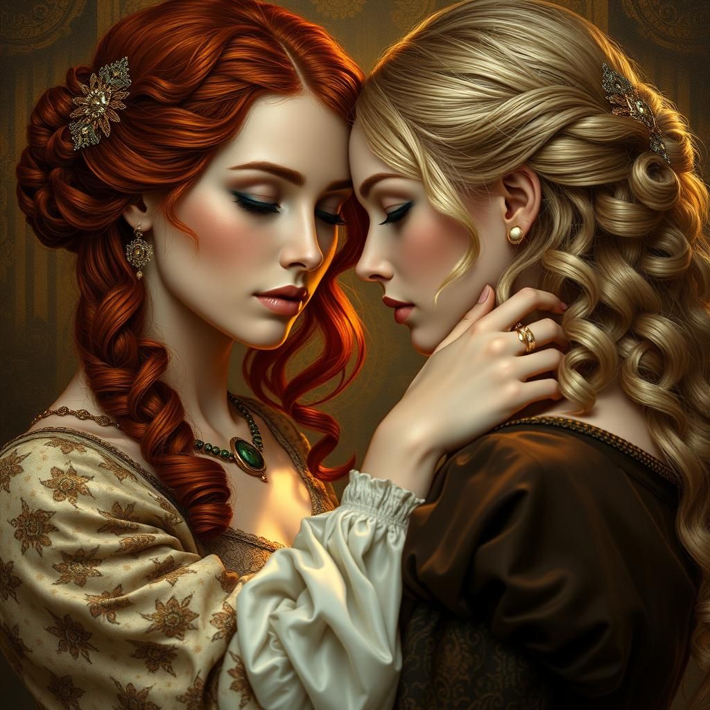 Victorian Women Share Intimate Moment in Klimt Style