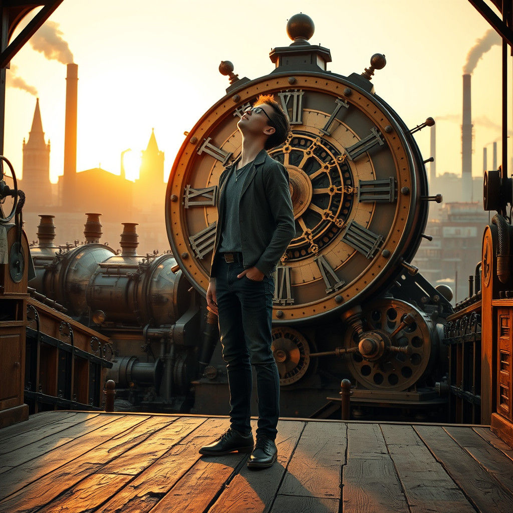 Steampunk Explorer Contemplates Direction in Industrial Sett...