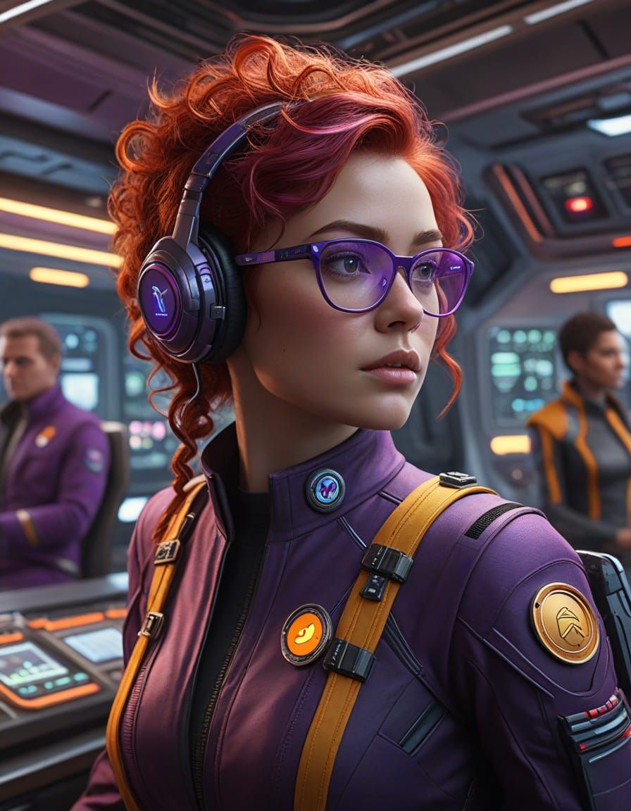 Diverse Crew on the Bridge of a Futuristic Starship in Hyper...