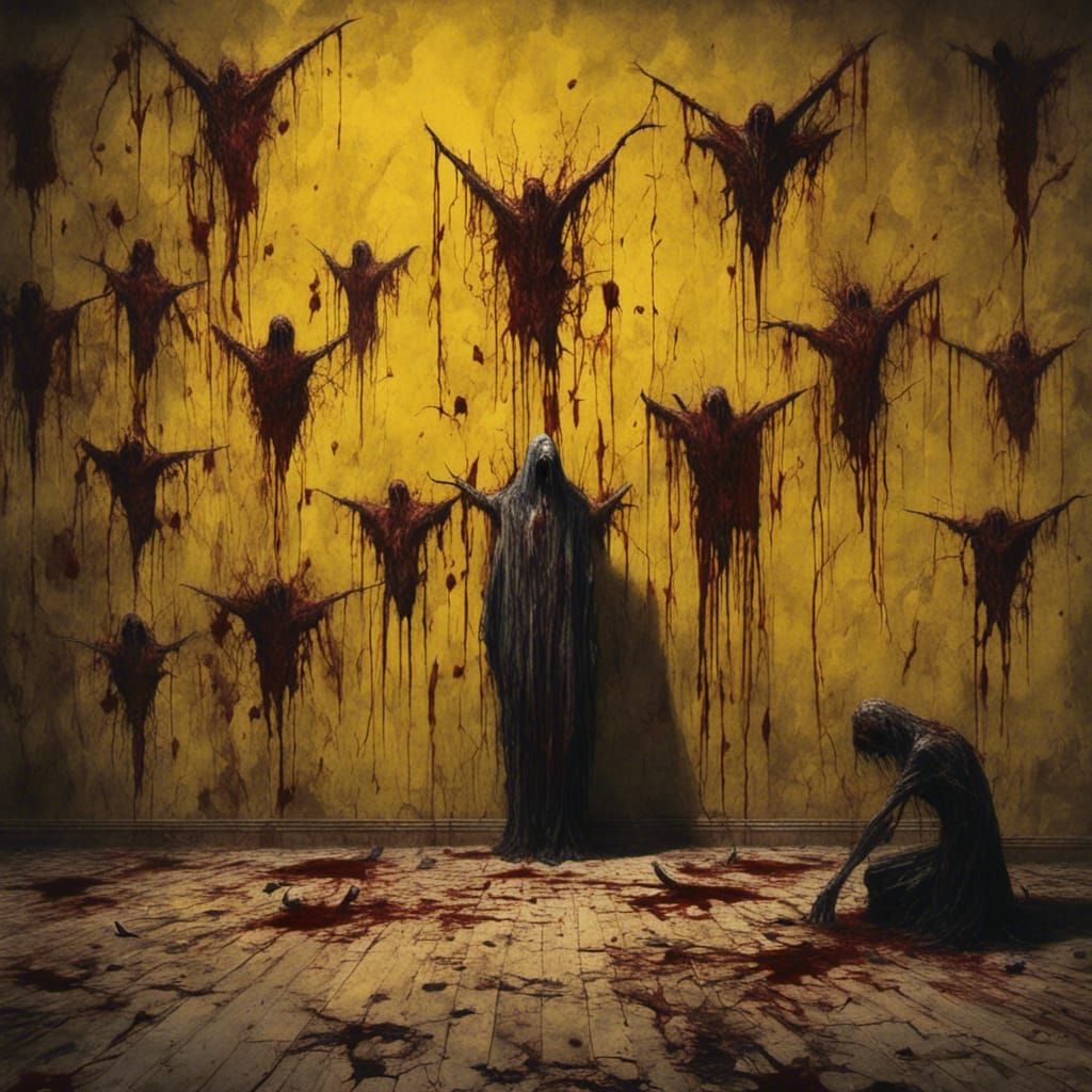 Macabre Horror Drawings: Blood Sacrifice on Yellow Wall