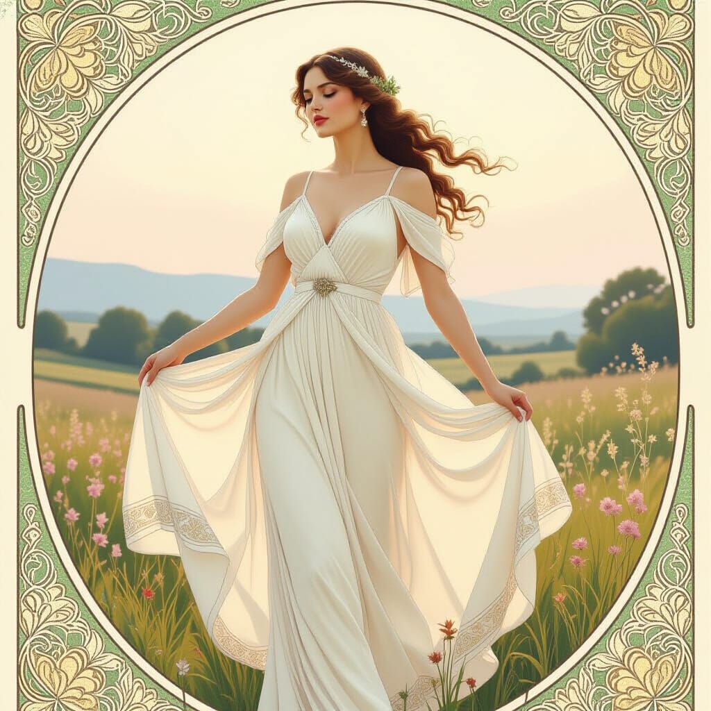 Elegant Woman in Flowing White Dress in Serene Landscape