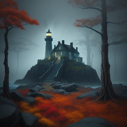 Lighthouse in Glowing Autumn Forest, Surreal Oil Painting