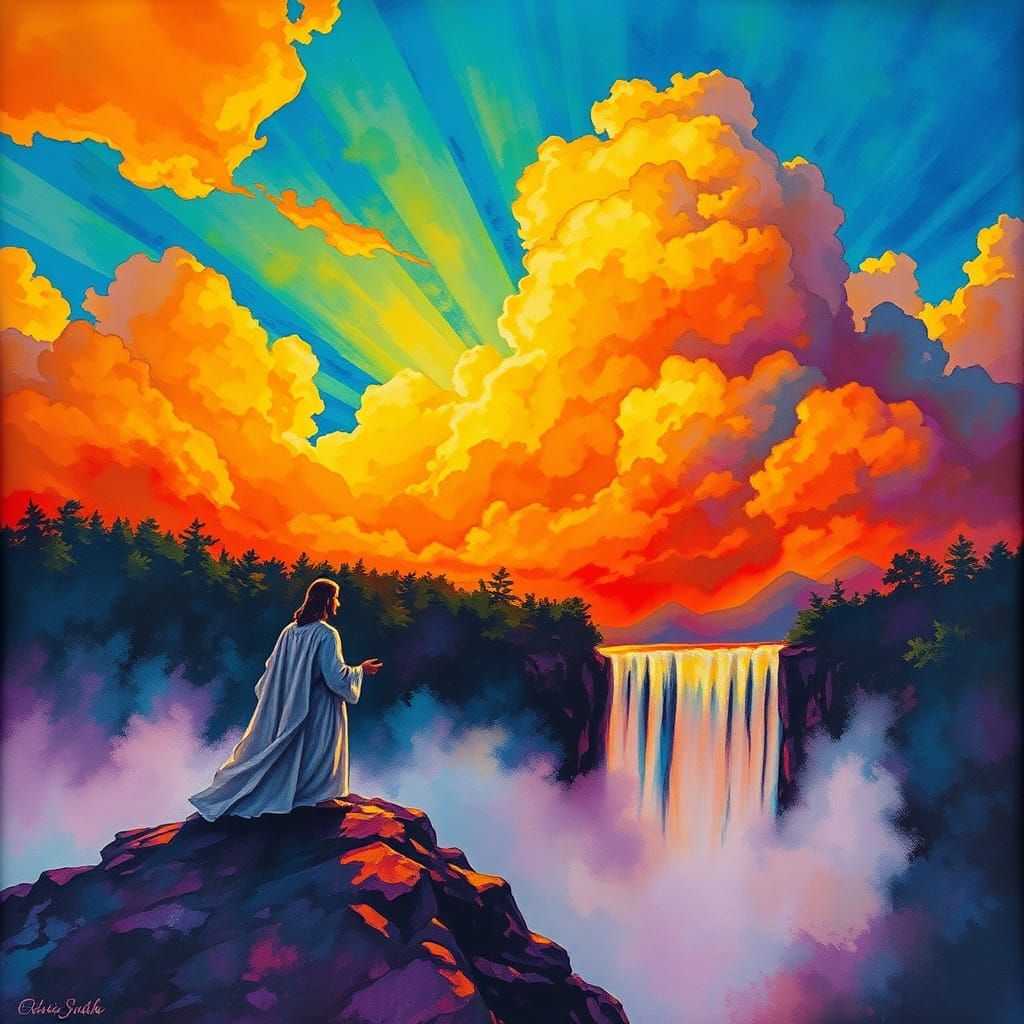 Surreal Jesus by the Shore in Fluorescent Colors