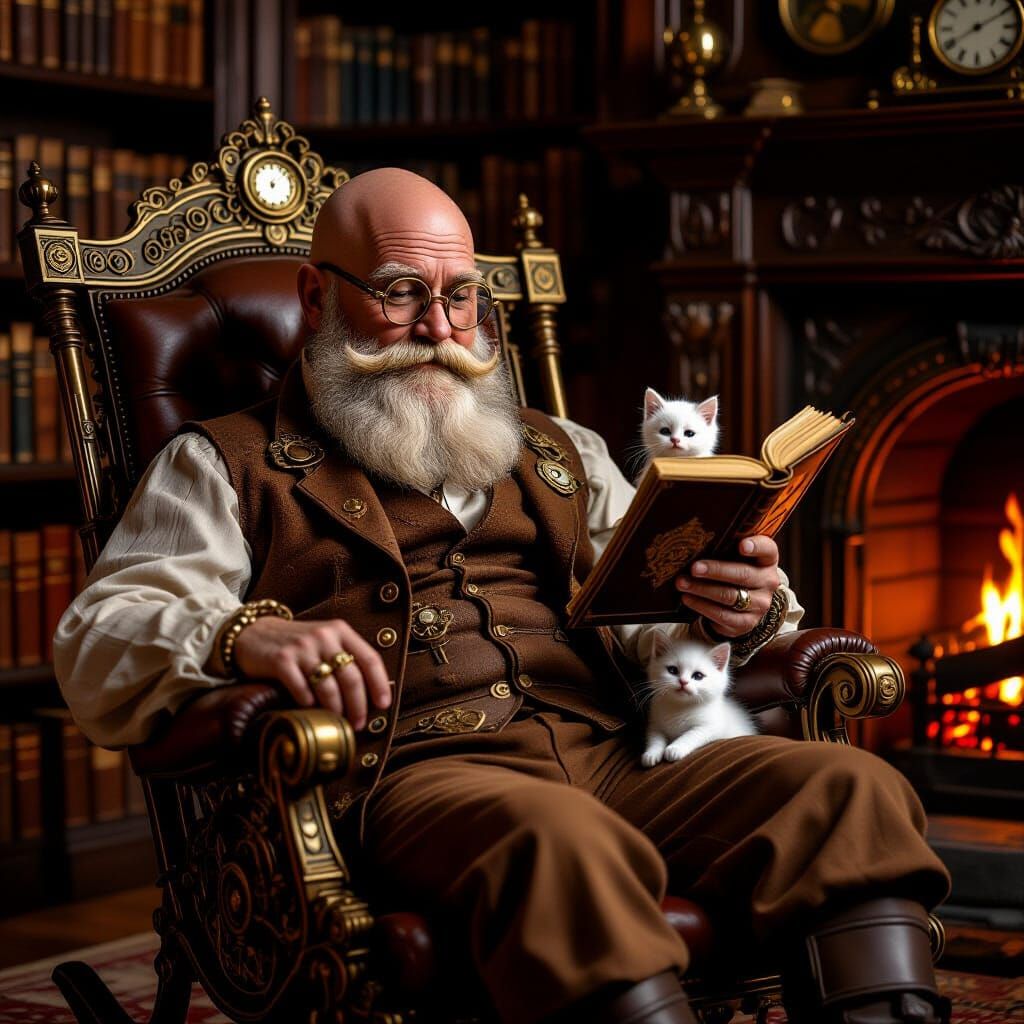 Steampunk Grandpa Reads Bible with Kitten by Fire