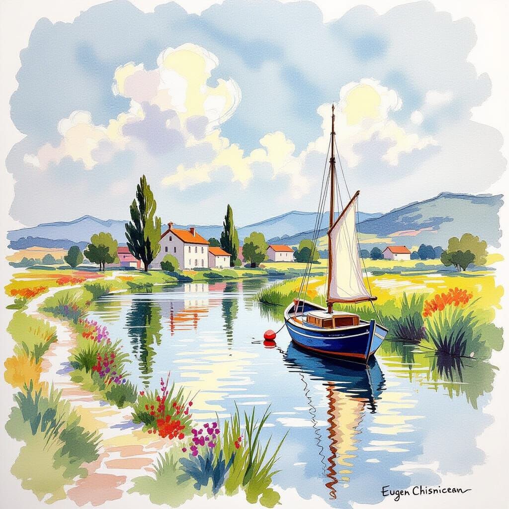 Pencil and Watercolor Landscape in Impressionist Style