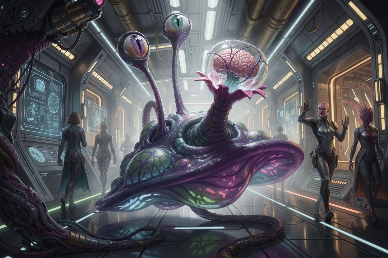 Amorphous Alien on High-Tech Space Station Hallway