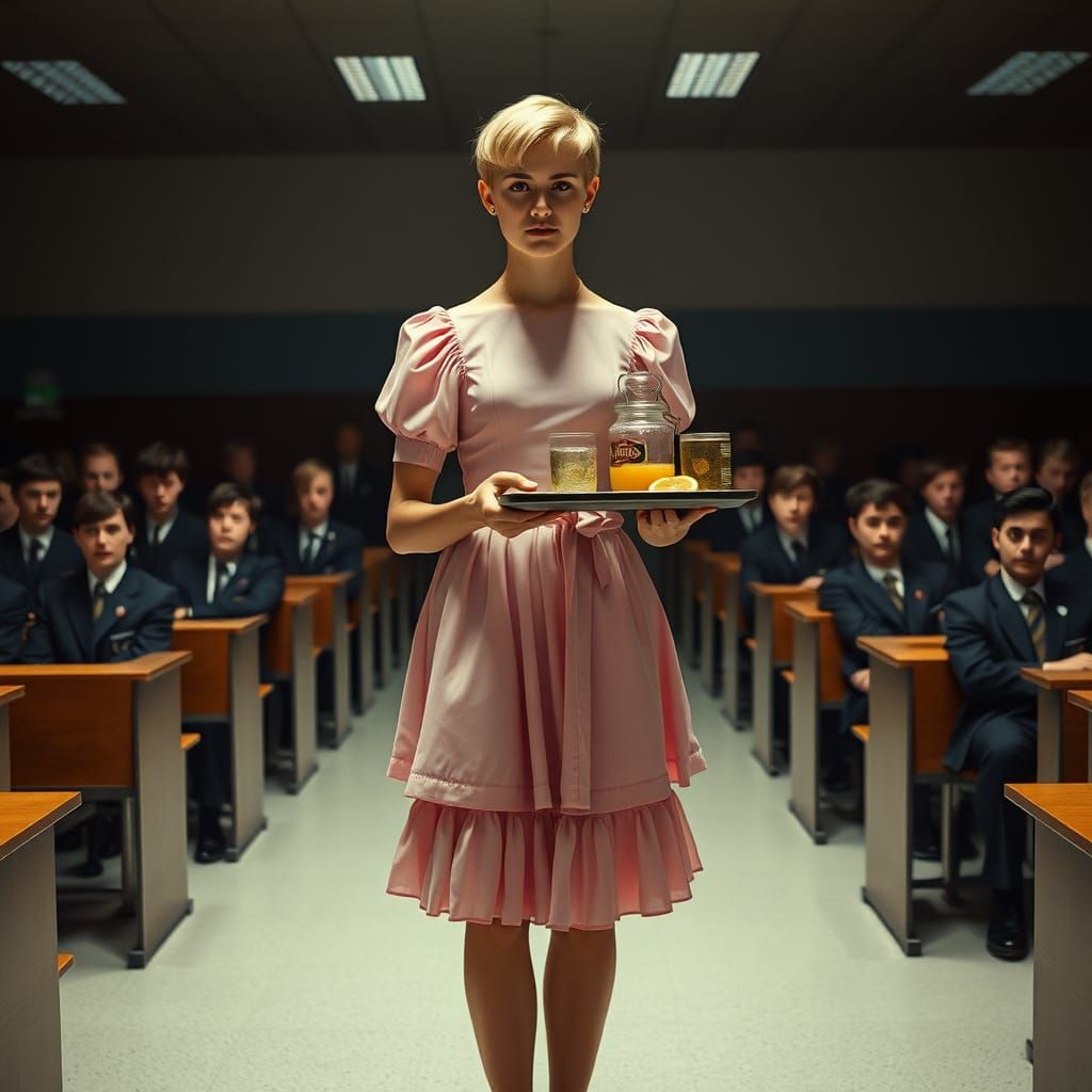 Confident Young Man Brings Refreshments in French Maid's Dre...