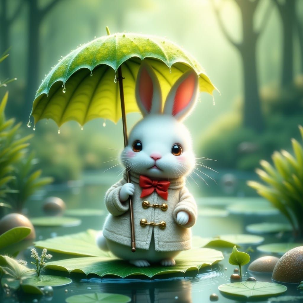 Whimsical White Bunny Under a Vibrant Green Umbrella