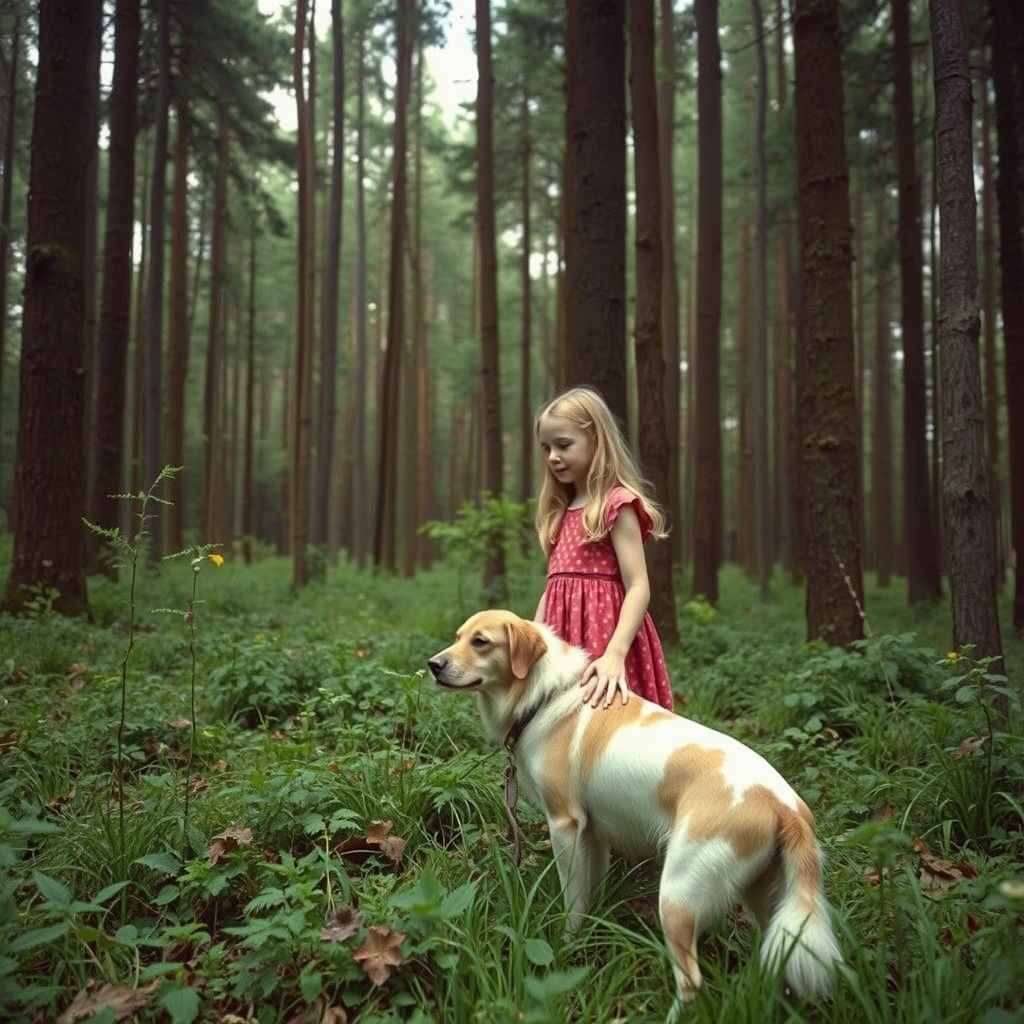 Mystical Forest Walk with Girl and Dog