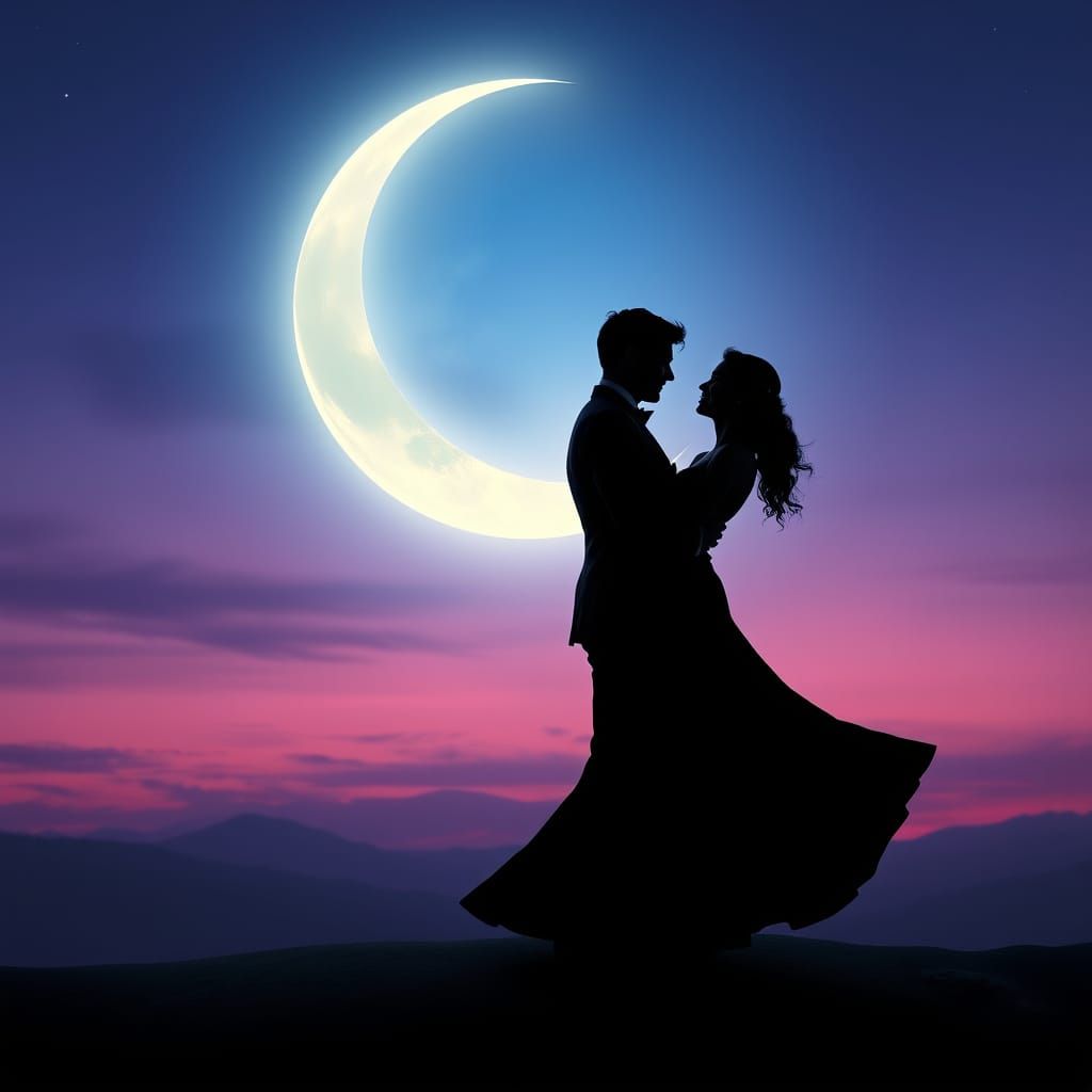 Moonlit Ballroom Dance Under a Glowing Crescent Moon