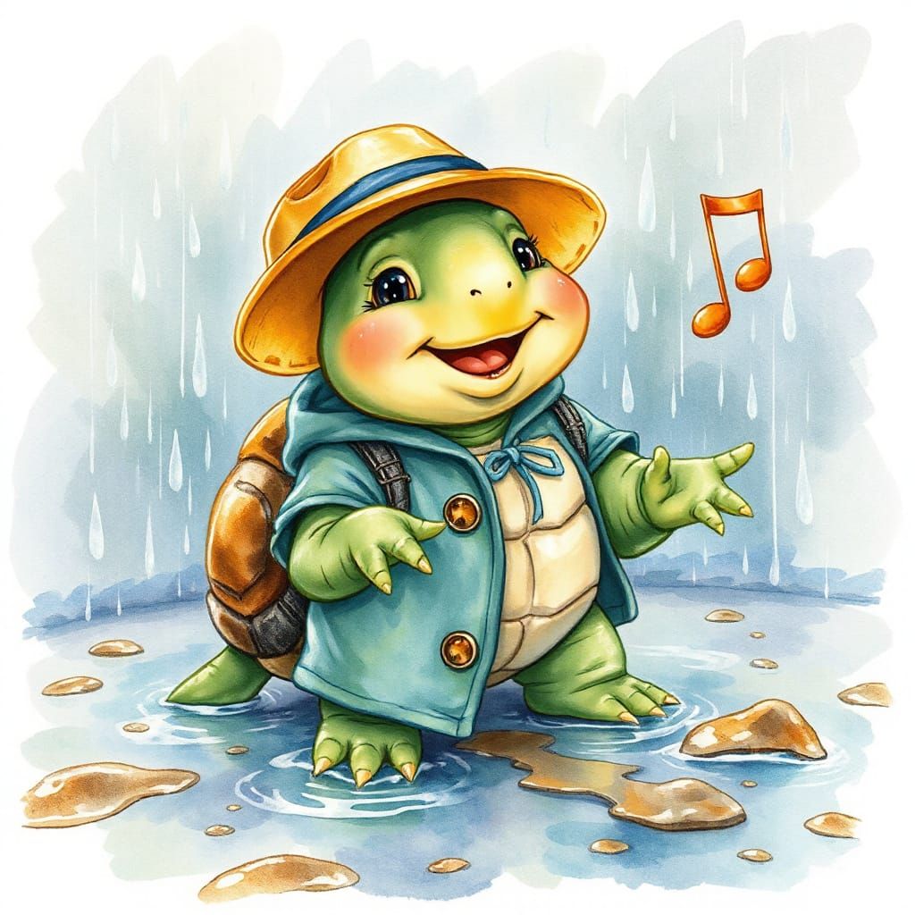 Turtle Singing in the Rain, Watercolor Style