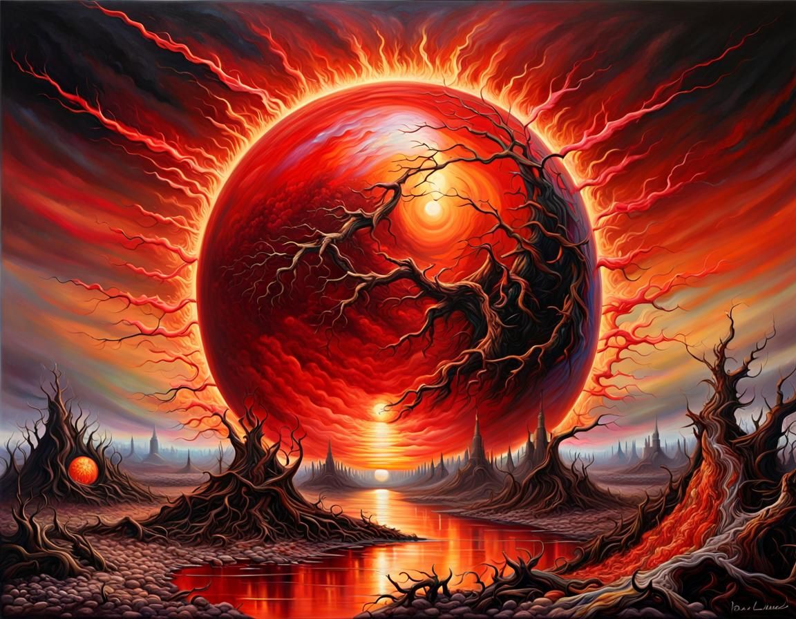 Apocalyptic Red Sun Over Destroyed Earth Painting
